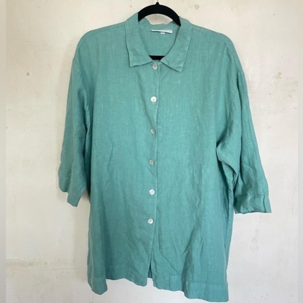 Bryn Walker Linen Top Teal Green Button Front Collar Oversized Lagenlook M